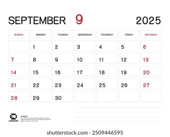 Calendario 2025 Vector- septiembre 2025 año planificador Plantilla, Calendario de escritorio 2025 Diseño, Semana de inicio el domingo, Planificador, Papelería, Medios de impresión, publicidad, Plantilla de negocios