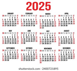 Calendar 2025 vector template, Planner 2025 year, Wall calendar 2025 year, simple minimal design, printing, stationery, organization office.