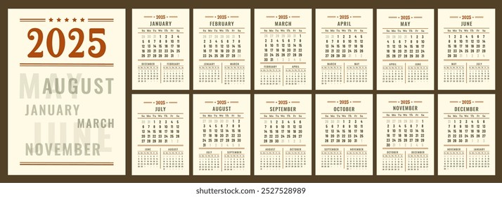 Calendar 2025. Vertical retro Calendar daily planner. Business layout for print. Pages template for business, printable wall, monthly, desktop calendar. Week starts on Sunday. Vector flat illustration