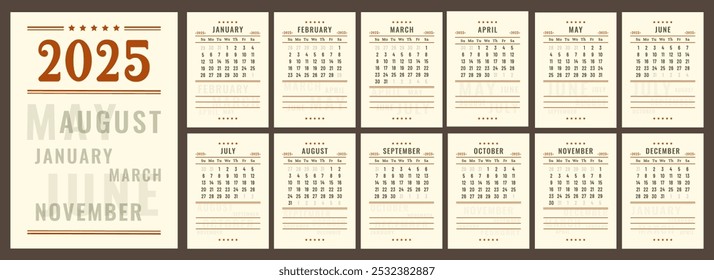 Calendar 2025. Vertical retro Calendar daily planner. Vintage layout with numbers. Pages template for business, printable wall, monthly, desktop calendar. Week starts on Sunday. Vector illustration