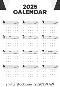 Calendar for 2025 with vibrant Black and white, perfect for print or digital use