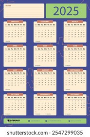 Calendario 2025 estilo vintage. La semana comienza el domingo una página A4 Plantilla de planificador de diseño de negocios