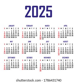 Calendar 2025. The week begins on Sunday. Simple calendar template. Portrait of vertical orientation. Annual organizer of stationery. Vector illustration