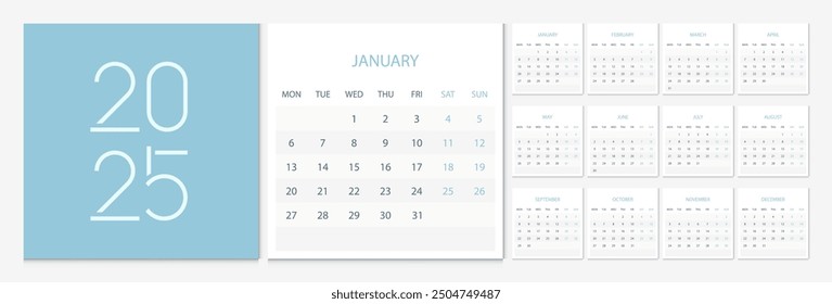 Calendar 2025 week start Monday corporate design template vector. Cover calendar 2025.