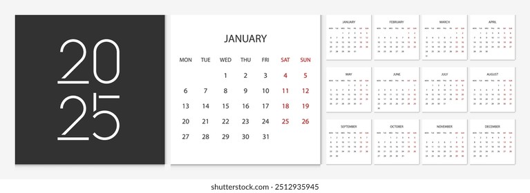 Calendar 2025 week start Monday corporate design template vector. Desk calendar 2025. Cover calendar 2025.