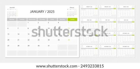 Calendar 2025 week start Monday corporate design planner template.