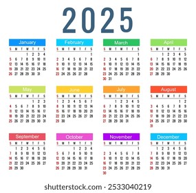 Calendario 2025, inicio de la semana calendario el domingo - Vector