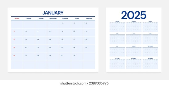 Calendar 2025 week start Sunday corporate design planner template.