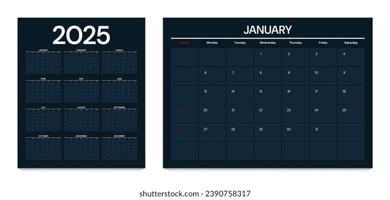 Calendario 2025 semana de inicio domingo planeamiento de diseño corporativo.
