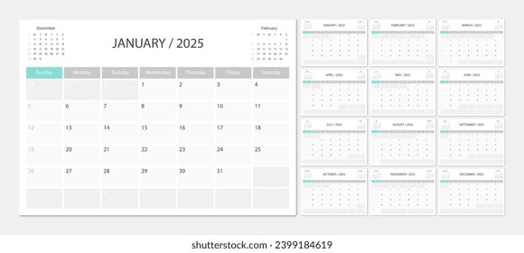 Calendar 2025 week start Sunday corporate design planner template.