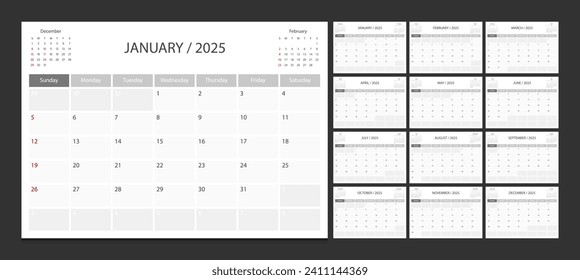 Calendar 2025 week start Sunday corporate design planner template.