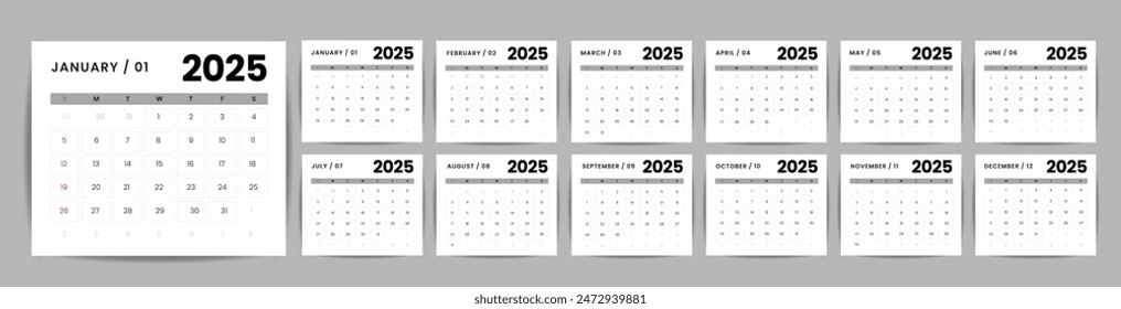 Calendario 2025 inicio de la semana Domingo Plantilla de planificador de diseño corporativo.