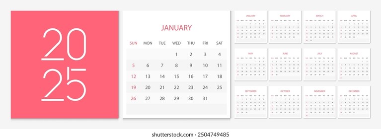 Calendar 2025 week start Sunday corporate design template vector. Cover calendar 2025.