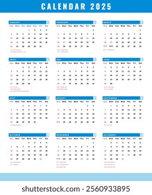 Calendar 2025 week start Sunday corporate design template vector. Wall calendar 2025