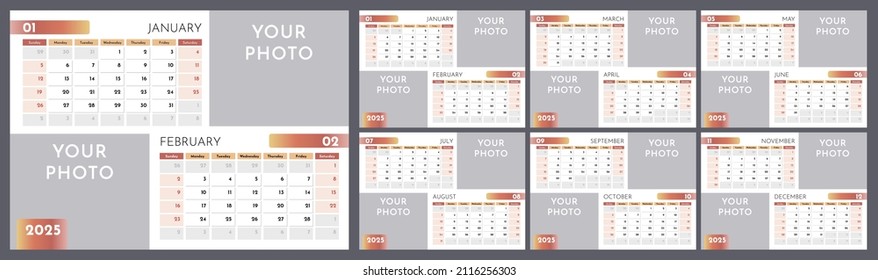 Calendar for 2025. Week starts on Sunday. Set of 6 pages. Vector design template with place for photo.