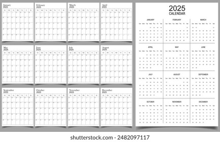 Calendar 2025, The week starts on Sunday , Monthly planner with calendar , Corporate design template vector, Business calendar in a minimalist style for 2025 year