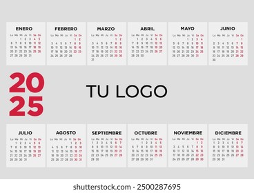 Calendar 2025, week starts on Monday. "Tu  logo" means your logo in Spanish