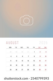 Calendar 2025. Week Starts on Monday. A3 format ready to print.  Set Desk Calendar template design with Place for Photo.  August Month. Stationery design. Advertisement. Vector layout. Pastel cover