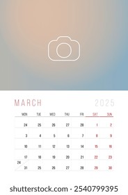 Calendar 2025. Week Starts on Monday. A3 format ready to print.  Set Desk Calendar template design with Place for Photo.  March Month. Stationery design. Advertisement. Vector layout. Pastel cover