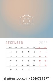 Calendar 2025. Week Starts on Monday. A3 format ready to print.  Set Desk Calendar template design with Place for Photo.  December Month. Stationery design. Advertisement. Vector layout. Pastel cover