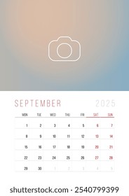 Calendar 2025. Week Starts on Monday. A3 format ready to print.  Set Desk Calendar template design with Place for Photo.  September Month. Stationery design. Advertisement. Vector layout. Pastel cover