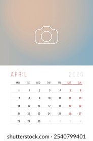 Calendar 2025. Week Starts on Monday. A3 format ready to print.  Set Desk Calendar template design with Place for Photo.  April Month. Stationery design. Advertisement. Vector layout. Pastel cover