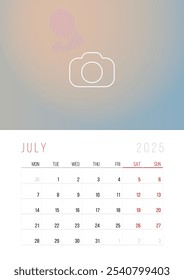 Calendar 2025. Week Starts on Monday. A3 format ready to print.  Set Desk Calendar template design with Place for Photo.  July Month. Stationery design. Advertisement. Vector layout. Pastel cover