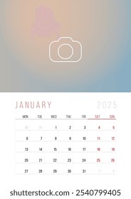 Calendar 2025. Week Starts on Monday. A3 format ready to print.  Set Desk Calendar template design with Place for Photo.  January Month. Stationery design. Advertisement. Vector layout. Pastel cover