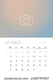 Calendar 2025. Week Starts on Monday. A3 format ready to print.  Set Desk Calendar template design with Place for Photo.  October Month. Stationery design. Advertisement. Vector layout. Pastel cover