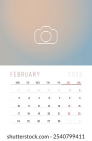 Calendar 2025. Week Starts on Monday. A3 format ready to print.  Set Desk Calendar template design with Place for Photo.  February Month. Stationery design. Advertisement. Vector layout. Pastel cover