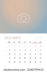 Calendar 2025. Week Starts on Monday. A3 format ready to print.  Set Desk Calendar template design with Place for Photo.  November Month. Stationery design. Advertisement. Vector layout. Pastel cover