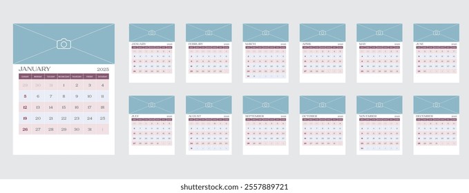 Calendar 2025. Week starts on Sunday. Letter size format ready to print. Set of calendar template design with place for photo. Set of 12 Months. Stationery design. Advertisement. Vector graphic.