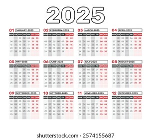 Calendar 2025 Week starts on Sunday. Corporate and business calendar. 2025 calendar in minimal style Planner diary in minimalist style. Calendar Set for 2025 year. 