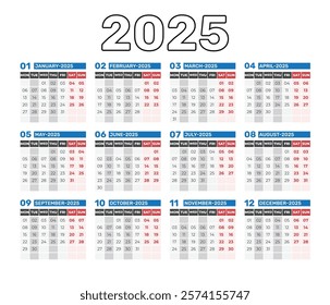 Calendar 2025 Week starts on Sunday. Corporate and business calendar. 2025 calendar in minimal style Planner diary in minimalist style. Calendar Set for 2025 year. New Year