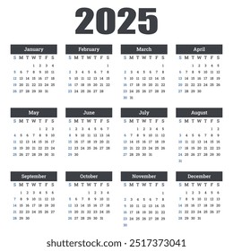 Calendar 2025, Calendar 2025 Week Starts Sunday, Corporate design planner template. Vector calendar 2025 year.