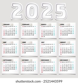  Calendário 2025, Calendário 2025 Semana Começa Domingo, 2015 calendário de design, 2015 calendário vertical - semana começa com Domingo.