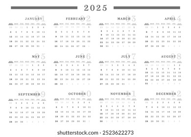 Calendar 2025, Calendar 2025 Week Starts Sunday One Page Business Design Planner Horizontal Template.