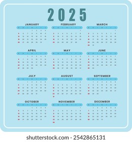 Calendar 2025, Calendar 2025 Week Starts Sunday One Page Editable Vector EPS10