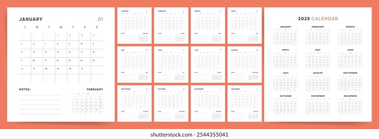 2025. La semana comienza el domingo. Calendario de Plantilla mensual de diseño moderno mínimo 2025 Vector.	