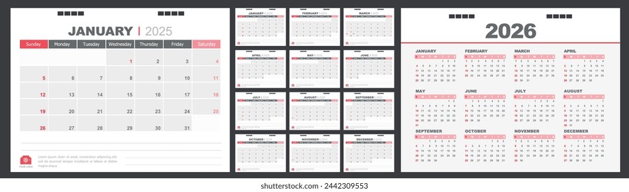 Calendar for 2025 White and red background