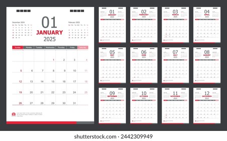 Calendar for 2025 White and red background