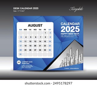 calendar 2025 year, August 2025 template, Desk Calendar 2025 year template, Week starts Sunday, Planner design, Stationery design, flyer design, printing media, blue polygon background, vector