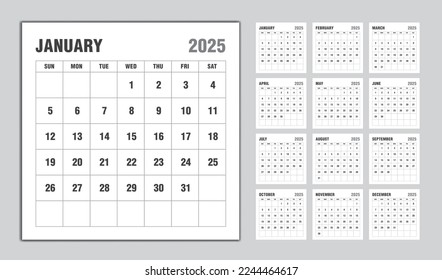 Calendar 2025 year black design, Monthly calendar template for 2025 year, Week Starts on sunday, Minimalist Wall calendar 2025 template, planner, Business template Vector