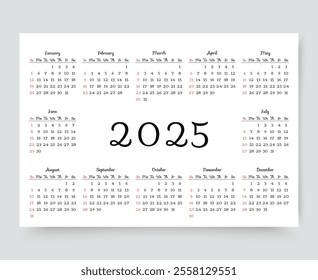 Calendar for 2025 year. Calender layout. Desk planner template with 12 months. Yearly organizer grid in English. Week starts Sunday. Monthly diary in minimal style. Vector illustration. Simple design