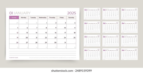 Kalender 2025 Jahr. Calender-Vorlage. Die Woche beginnt am Sonntag. Monatlicher Schreibtischplaner. In: Annual Briefpapier Organizer. Planen Sie das Layout mit 12 Monaten. Horizontales Tagebuchraster auf Englisch. Vektorillustration  