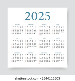 Calendario 2025 año. Plantilla de calendario. Diario anual con 12 meses. La semana comienza el domingo. Diseño del programador en inglés. Planificador organizador 2025 año. Diseño cuadrado mínimo. Ilustración vectorial.