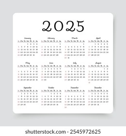 Calendario 2025 año. Plantilla de calendario. Diario anual con 12 meses. La semana comienza el domingo. Planificador organizador 2025 año. Diseño cuadrado simple. Diseño del programador en inglés. Ilustración vectorial.