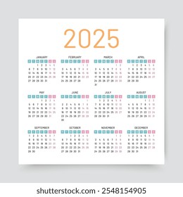 Calendar 2025 year. Calender template. Yearly diary with 12 month. Planner organizer 2025 year. Week starts Monday. Color square design. Scheduler layout in English. Vector illustration.