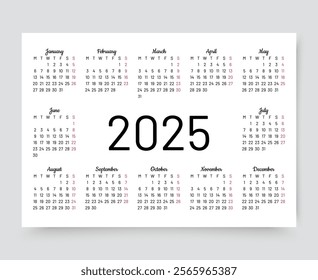 Calendar 2025 year. Calender template. Week starts Monday. Pocket organizer grid with 12 month in English. Yearly scheduler layout in minimal design. Vector illustration. Landscape orientation, A4.