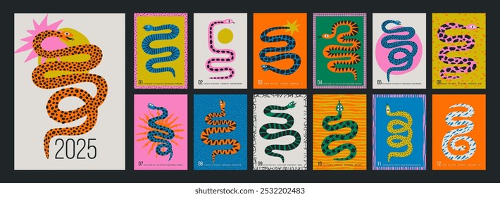 Calendar for 2025 year with colorful hand draw  snakes . Monthly template. Chinese New Year 2025. Trendy style.Vector illustration. Isolated